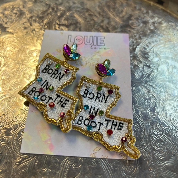 Louie Love “Born in the Boot” Louisiana State Embroidered Beaded Post Earrings - Picture 1 of 4